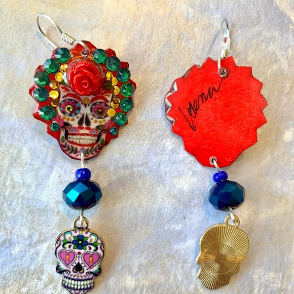 Handpainted sugar skull day of the dead earrings fancy Halloween long dangle - Picture 4 of 4